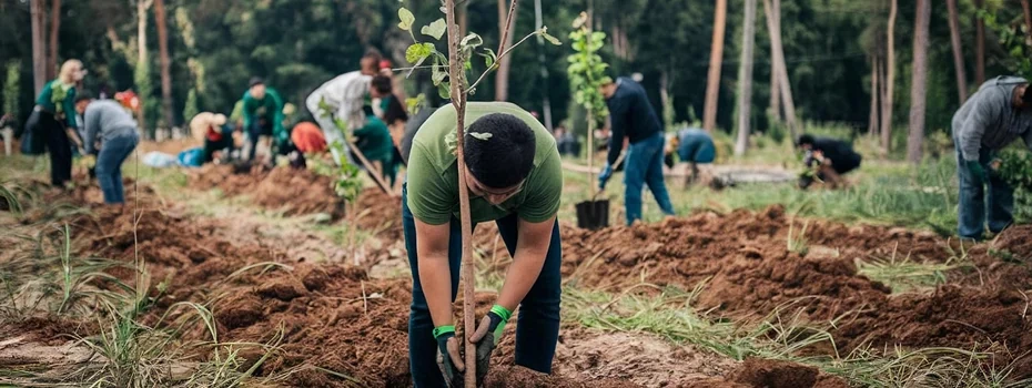 Local community members planting trees together in a rural area
